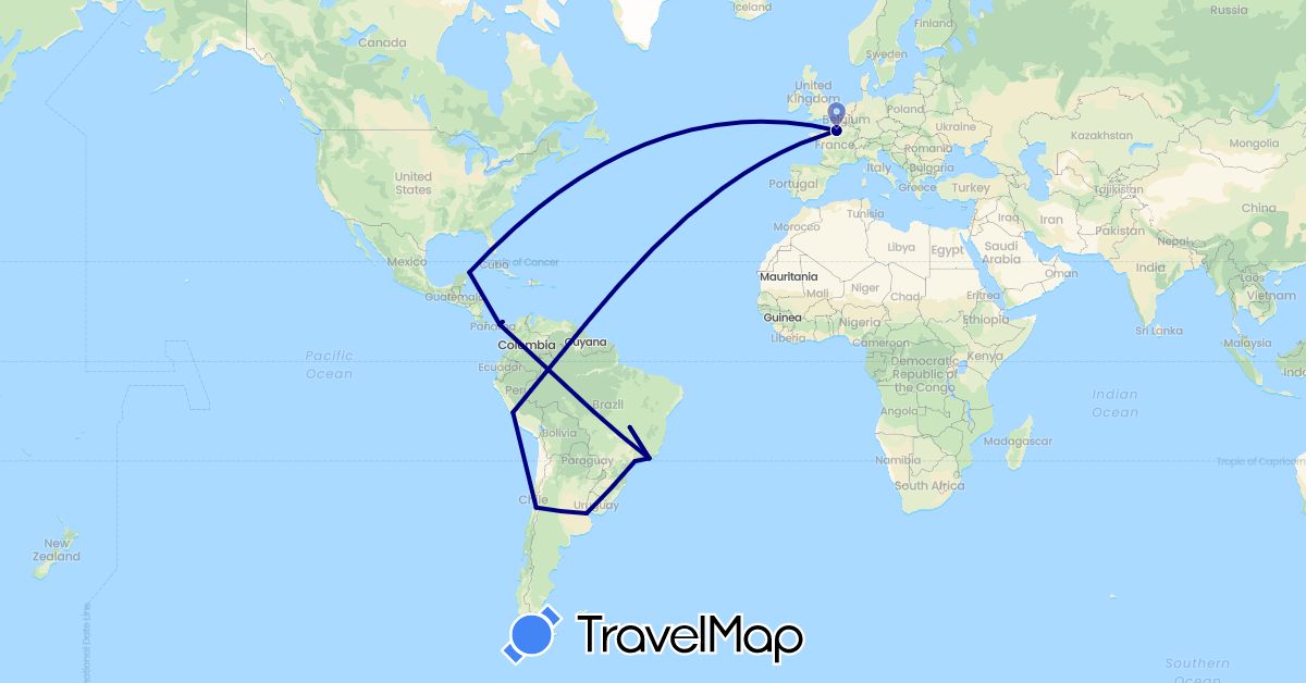 TravelMap itinerary: driving in Argentina, Brazil, Chile, France, Mexico, Panama, Peru (Europe, North America, South America)